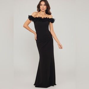 Xscape Off the Shoulder Black Gown w/ 3D Floral Ruffle Trim | NWT | $269 Size 14